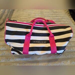 Old School Victoria's Secret Black and White Striped Bag with Pink Accents
